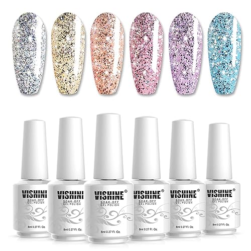 Vishine Juego de 6 esmaltes de uñas de gel brillantes con purpurina platino, juego de 6 colores brillantes y plateados dorados, kit de esmalte de