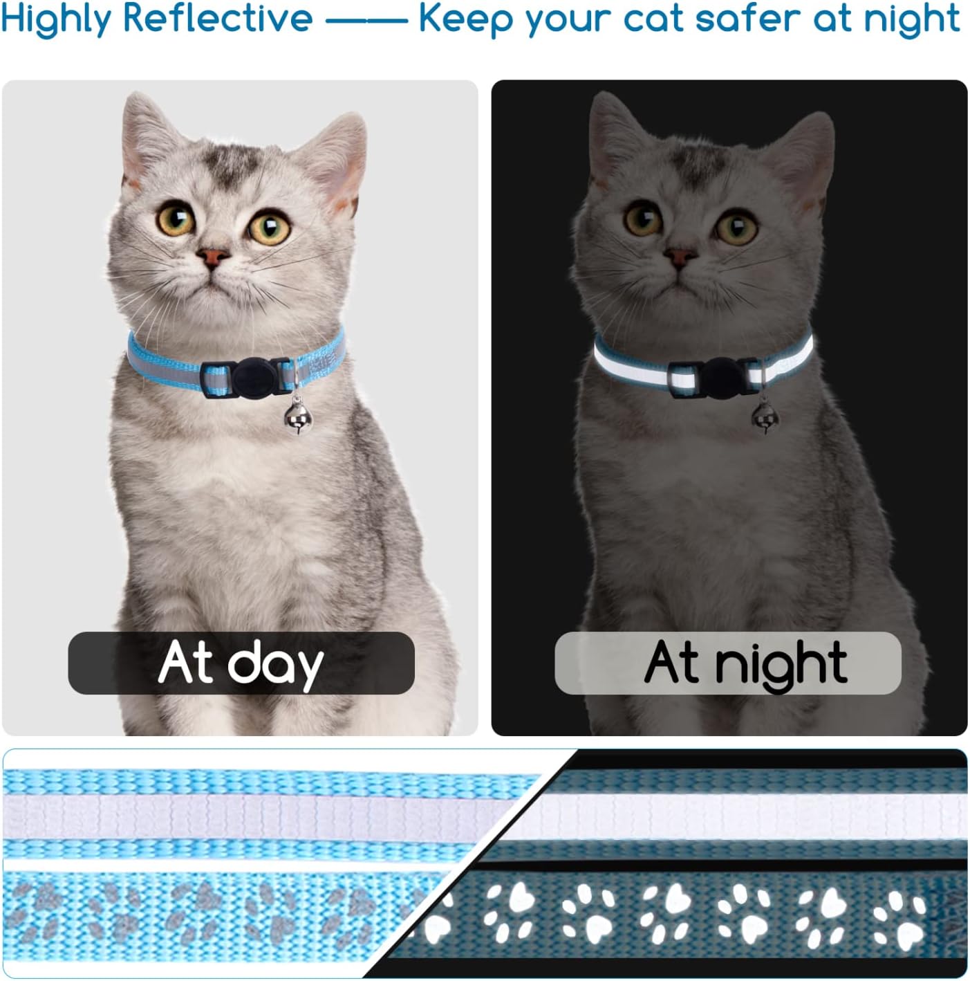Nobleza Kitten Collar with Bell, 2 Pack Breakaway Cat Collars with Safe Quick Release Buckle, Paw Print & Strip Reflective Adjustable Soft Pet Collar for Small Medium Kitty Cats