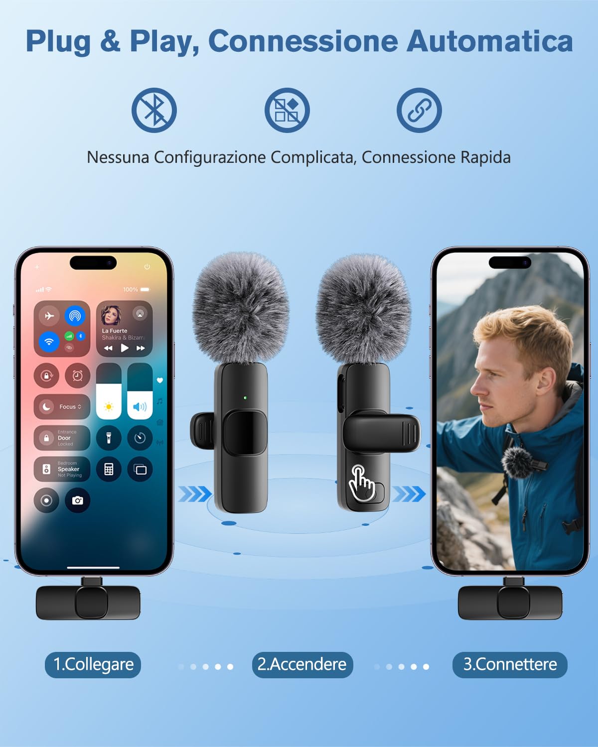 2026 Microfono Lavalier Wireless per iPhone/iPad/Android (Confezione da 2), Mini Microfono con Lightning e USB-C, Cancellazione del Rumore, Plug&Play per Video,Interviste,Podcast,Vlog,TikTok,YouTube