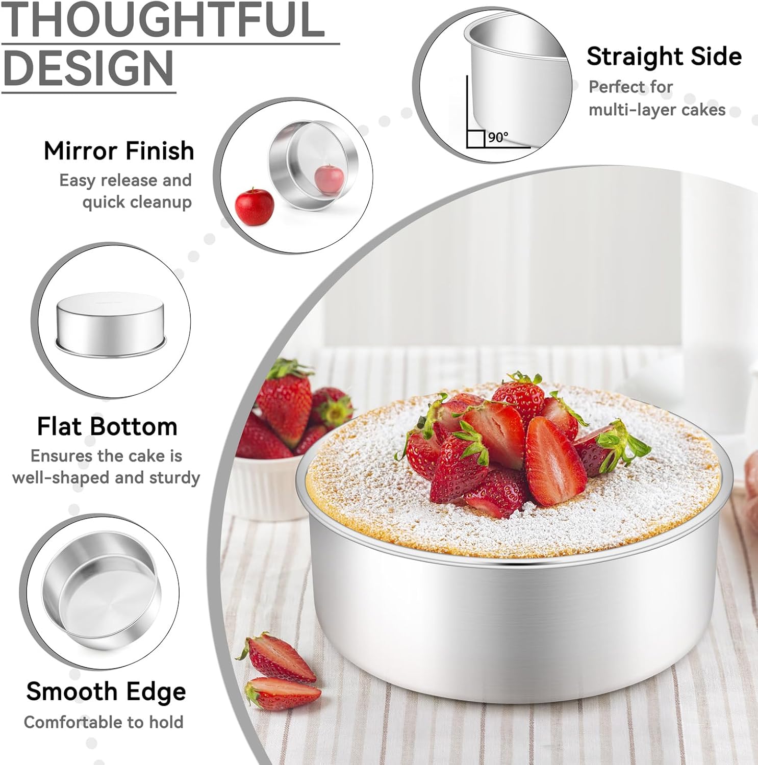 Leonyo 8 Inch Cake Pan, Stainless Steel Circle Baking Pans Set, 3 Pieces Round Layer Cake Tin for Wedding Birthday, Even Heating, Non Toxic & Healthy, Heavy-Duty, Dishwasher Safe - Image 3