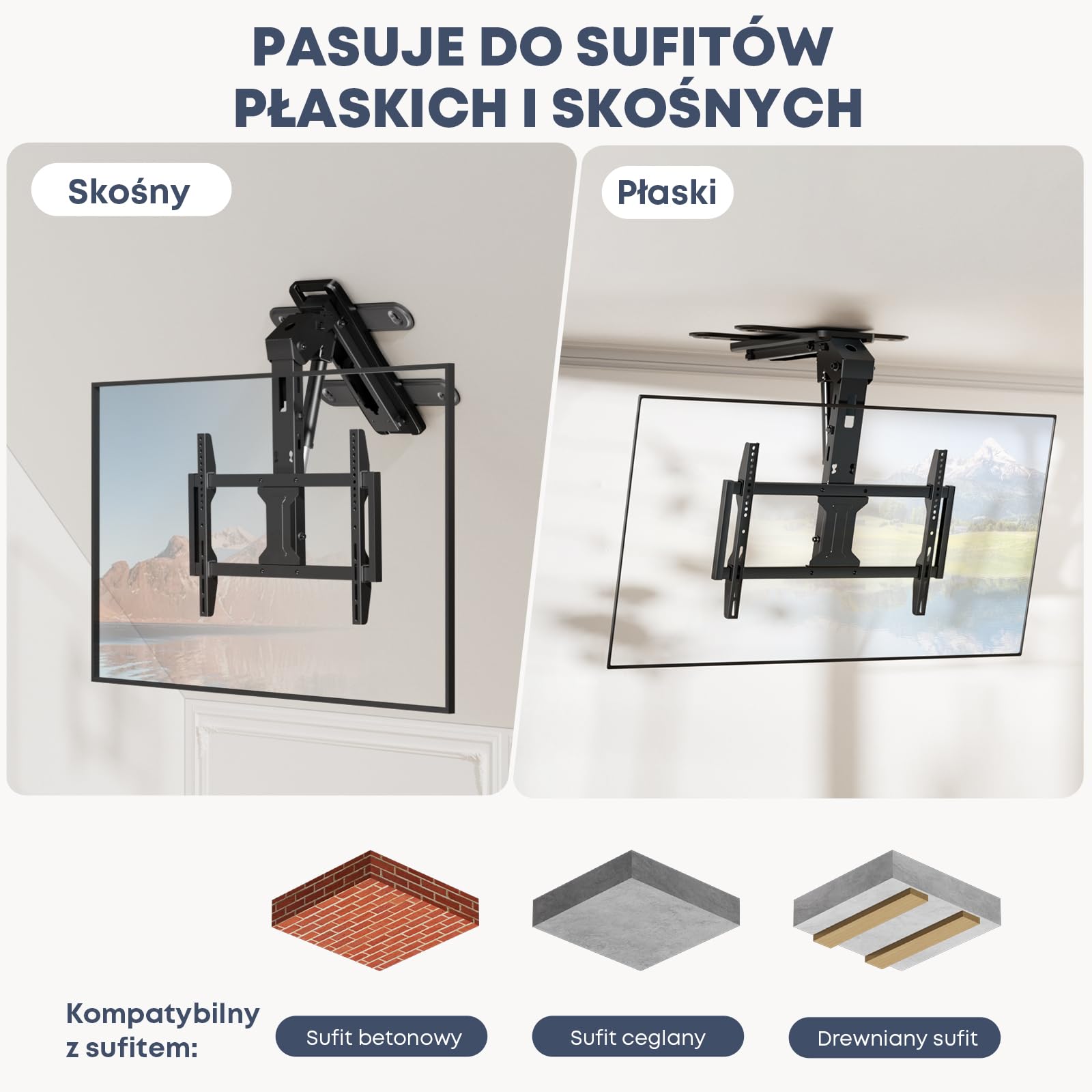 Elektryczny Uchwyt TV Sufitowy 37–75" – Opuszczany Podnośnik TV, Pilot, Udźwig 45 kg, VESA 600×400mm, Czarny