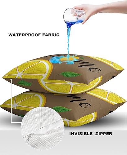 Miniatura 5 de Juego de 2 fundas de almohada impermeables de limón para exteriores para muebles de patio, decoración de frutas de verano, plantas, hojas verdes y