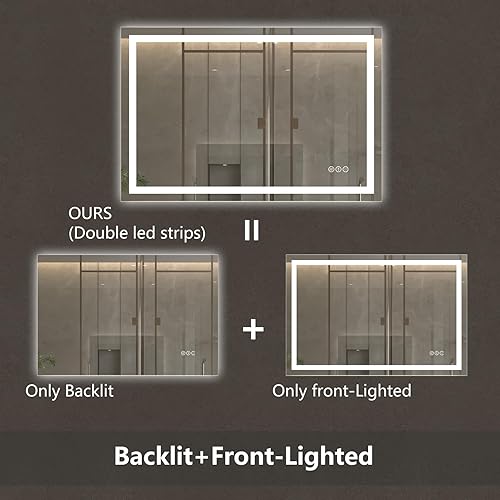 Miniatura 4 de ExBrite Espejo de luz LED de baño de 24 x 36 pulgadas, espejo montado en la pared, antiniebla, regulable, modo de iluminación doble, vidrio templado