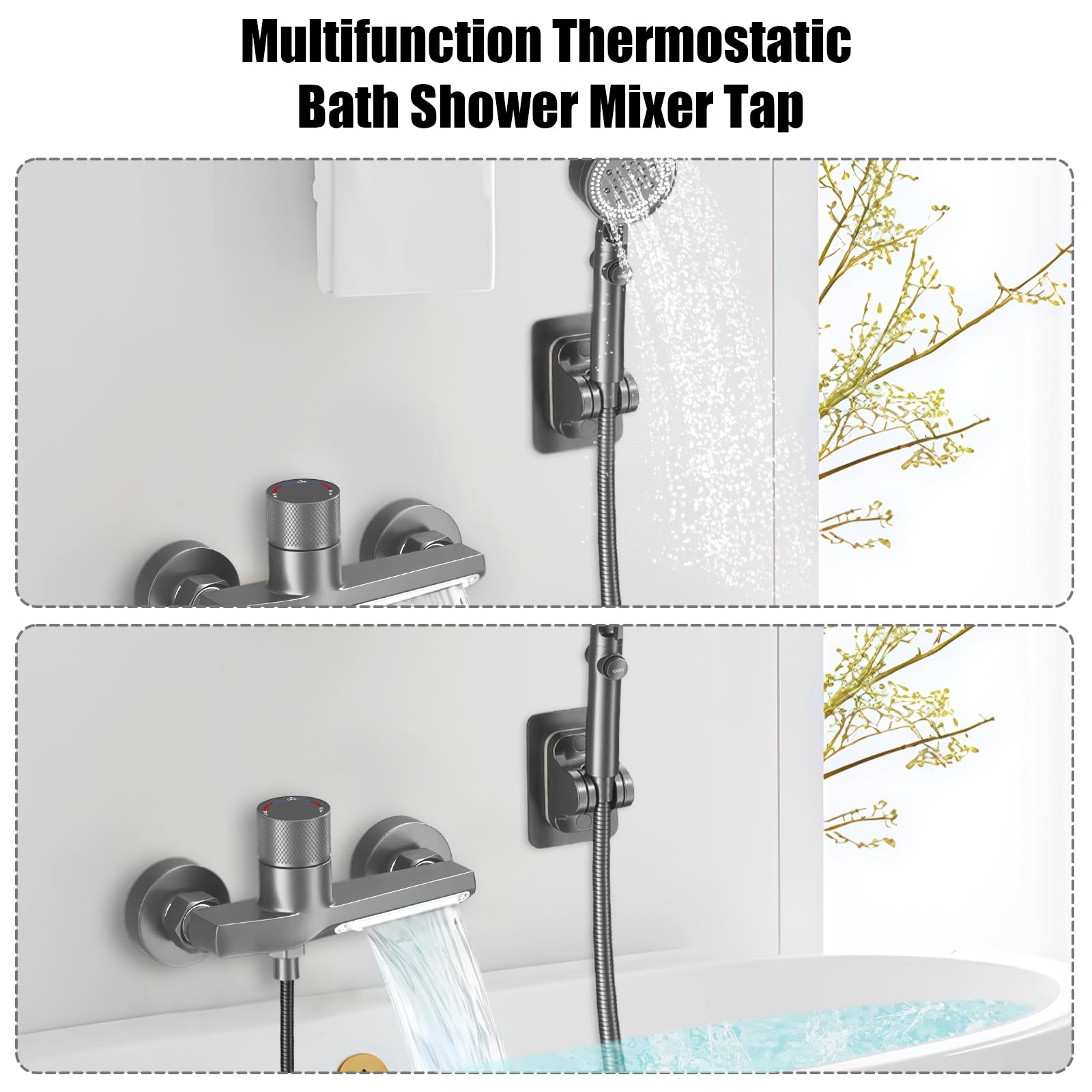 Grifos Ducha, Grifo Ducha Termostatico grifo mezclador para bañera, mezclador monomando para baño, Latón Puro de 2 Salidas, Grifo Monomando Ducha Baño de Pared Grifería de Bañera de Pared