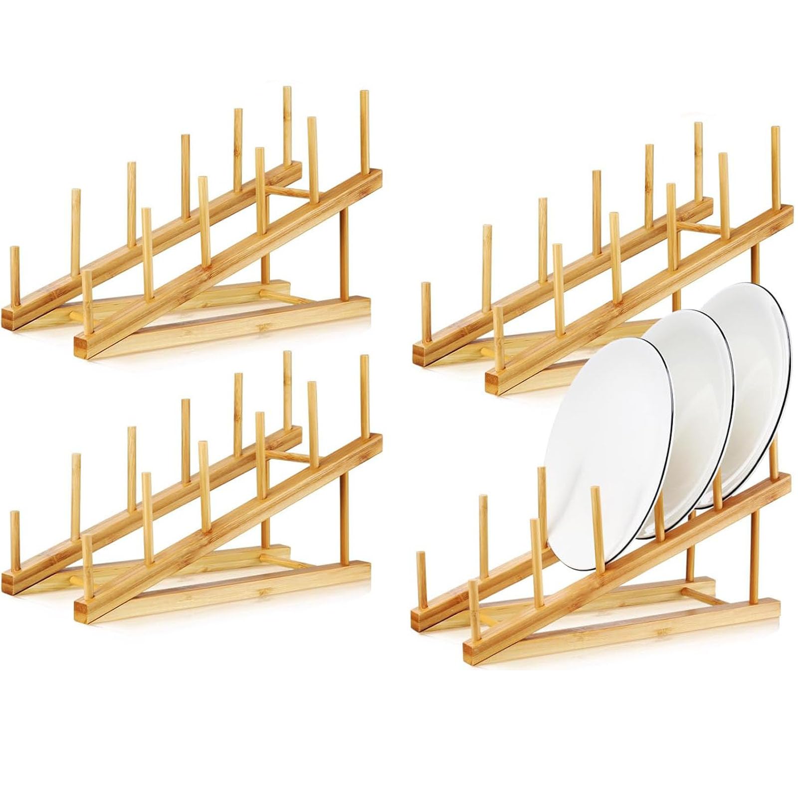 MUXHEL 4PCS Wooden Dish Rack, 5 Slots Bamboo Wooden Plate Rack for Cupboard, Plate Drainer Rack wooden plate Organiser for Kitchen Cupboard, Bowl, Cup, Cutting Board, Kitchen