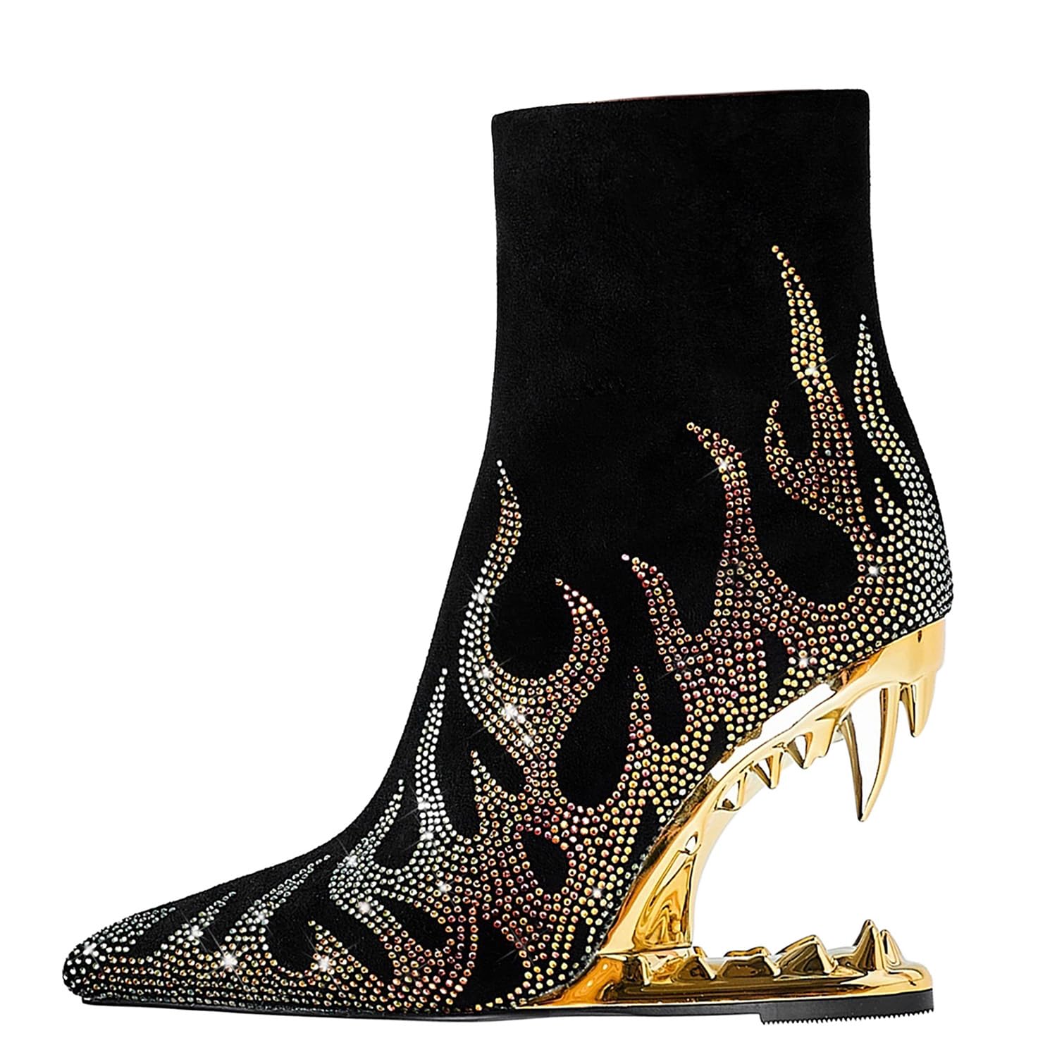 MOYEE Women Rhinestone Boots Silver Gold Sparkly Booties with High Hollow Teeth Heels Flame Shiny Bling Booties for