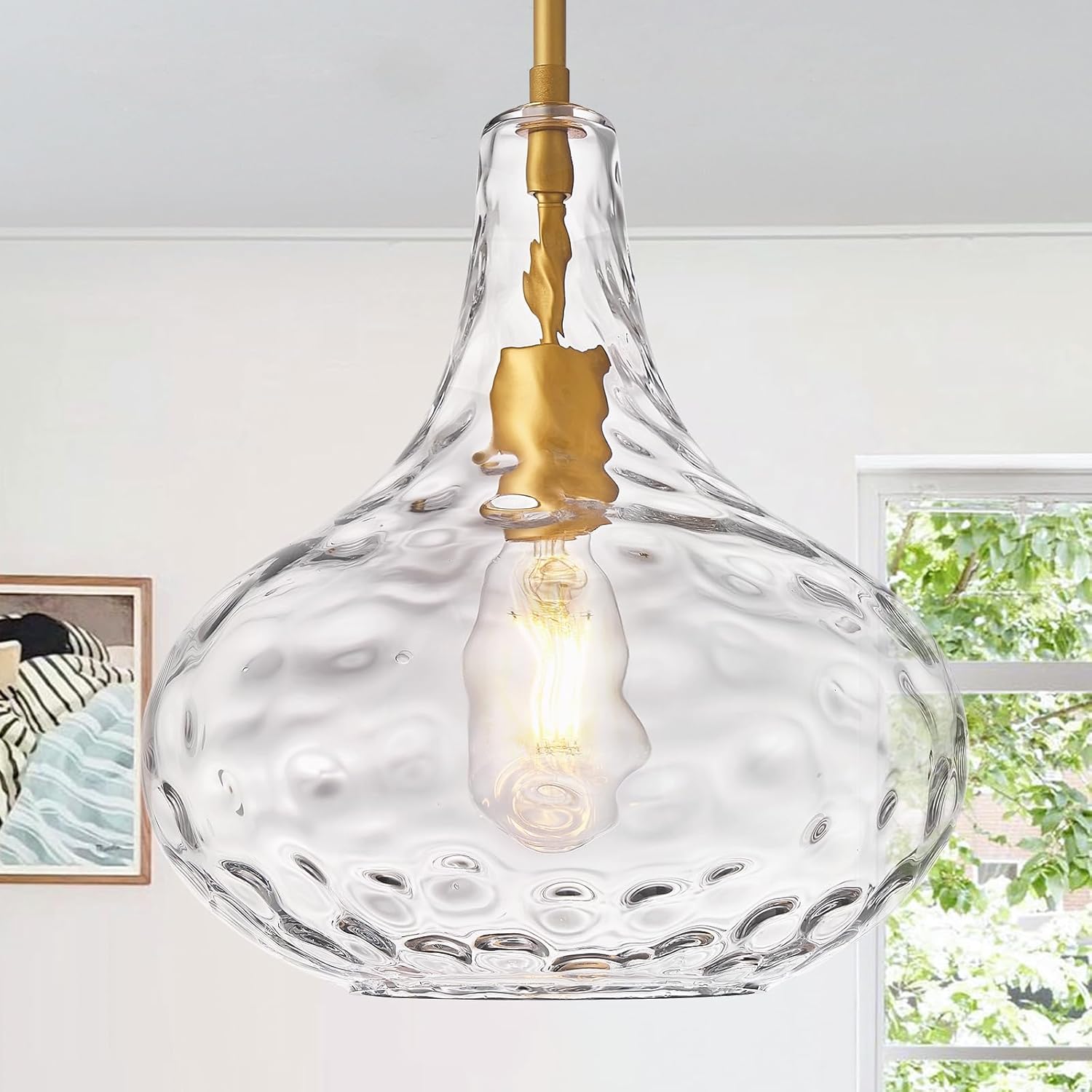 11" Clear Glass Pendant Light – Large Hand-Blown Glass Shade with Hammered Texture and Gold Finish, Adjustable Ceiling Hanging Light for Kitchen Island, Dining Room, Hallway, Living Room Gold Rod
