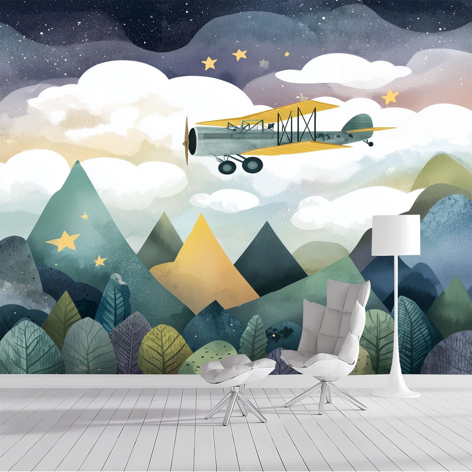 Papier peint panoramique forêt d'avions vert autocollant meuble salon