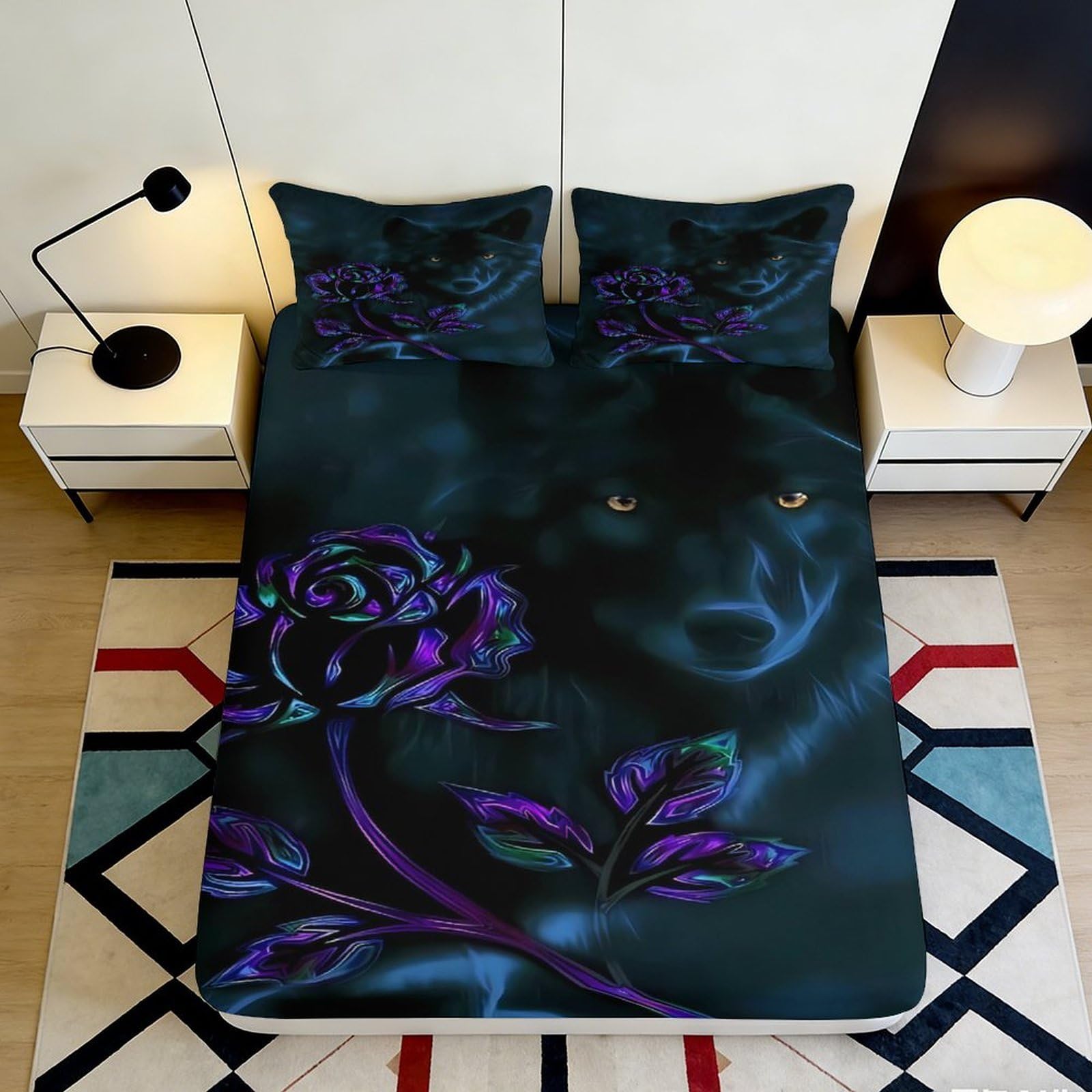 Kzqjxnhpcr Style-10 3D Printed Wolf Floral Fitted Sheet Microfiber Deep Pocket Non-Slip For Bedroom Bedding Wolf Mattress Fitted Cover Washable 90X200x25cm 90X200x25cm