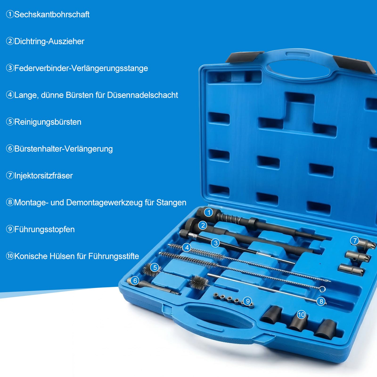 Set di 21 pezzi per la pulizia degli iniettori, set di frese con testine in metallo duro, spazzole e accessori, utensili per la pulizia degli iniettori, blu