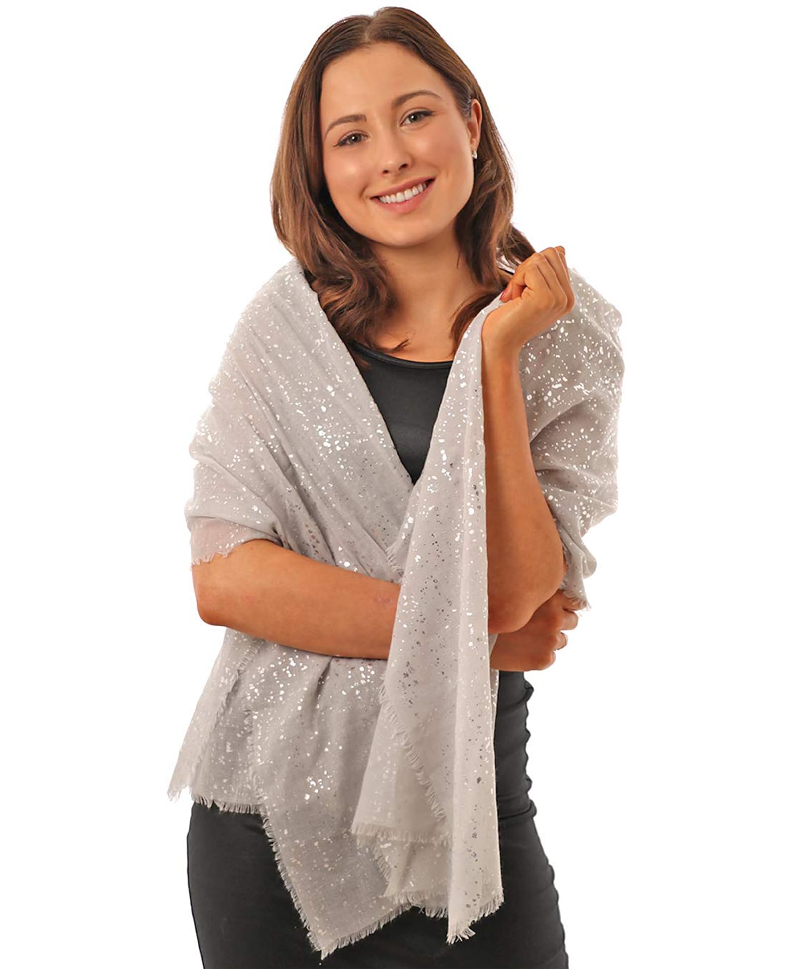 Style Slice Women's A Light Grey Scarf With Silver Sparkles Evening Star Sparkle Scarves For Lightweight Shawl Wedding Foil Print Scarf Wrap Stars And Moons Shimmer Silver