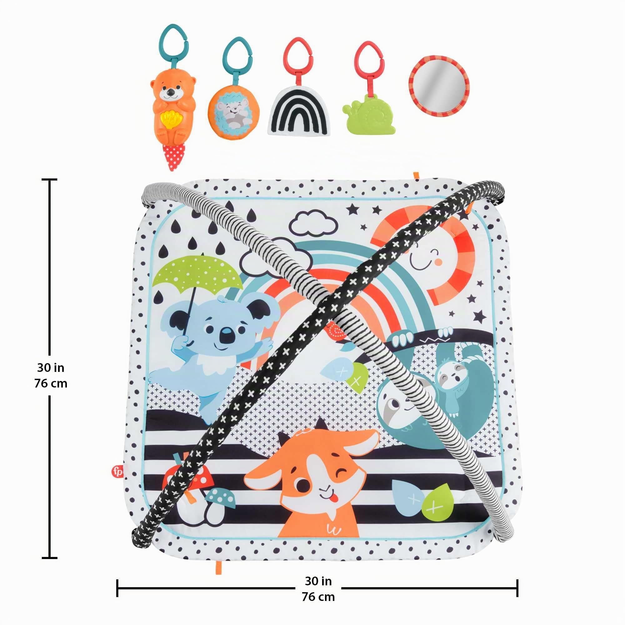 Fisher-Price Alfombra Gimnasio 3 en 1, Estampado animalitos Divertidos, Manta para bebé recién Nacido con Accesorios (Mattel HBP41)
