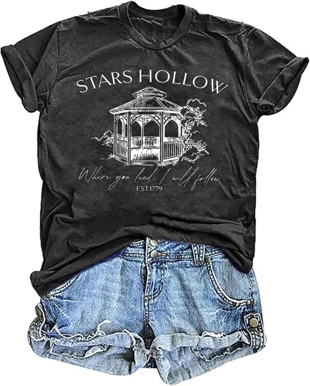 Stars Hollow T Shirt for Women Halloween Cute Fall Shirt Funny Print Letter Autumn Festival Short Sleeve Tee Tops