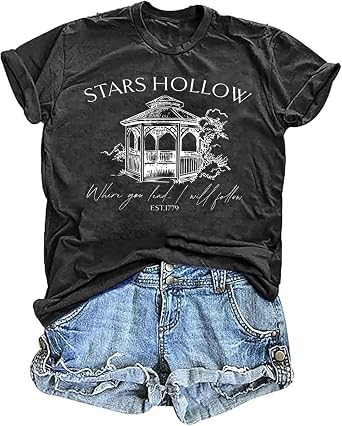 Stars Hollow T Shirt for Women Cute Fall Shirt Funny Print Short Sleeve Tee