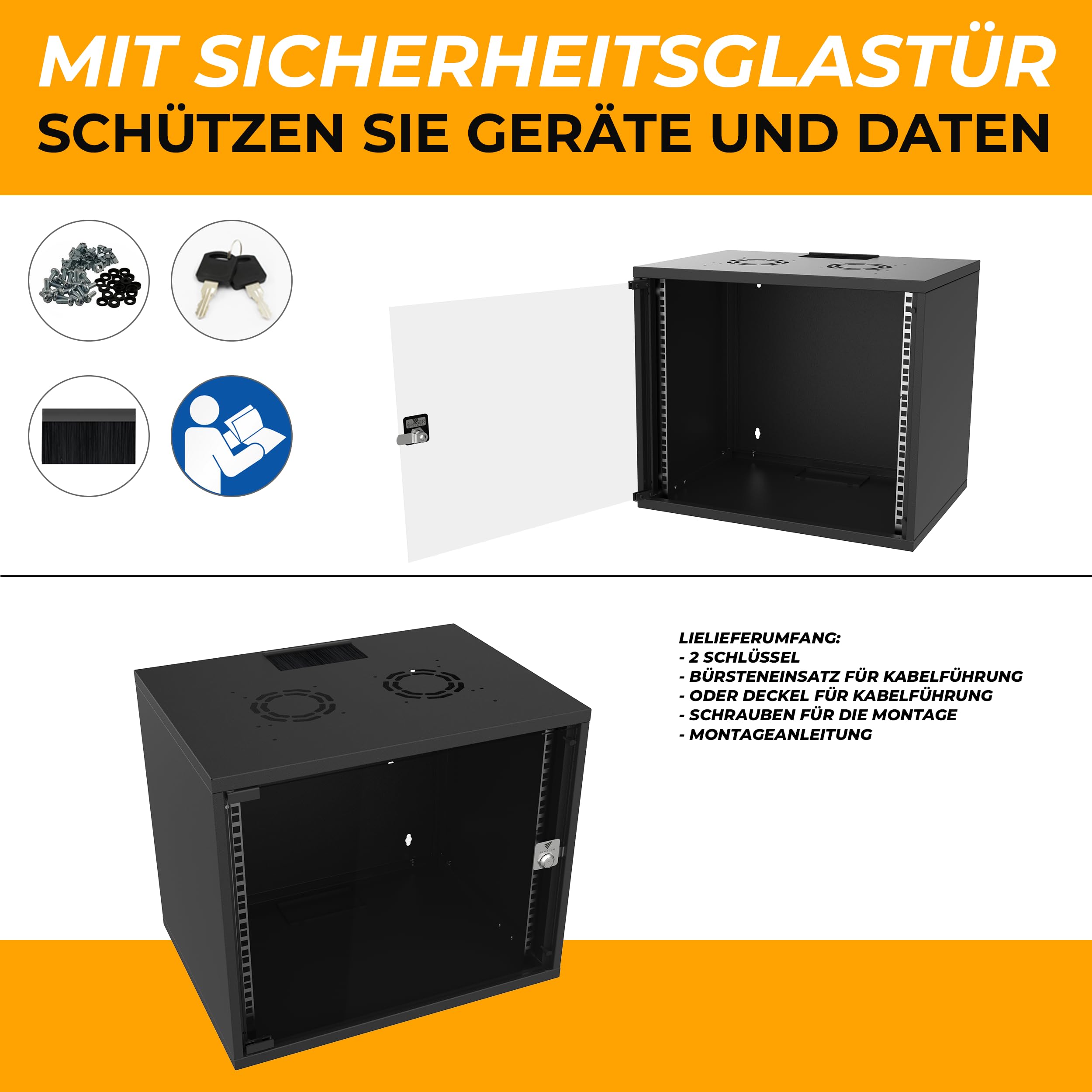 Netzwerkschrank - Serverschrank 19 Zoll 9HE - Server-Racks für Wandmontage - EDV-Gehäuse mit Traglast 60kg - 400 x 540 x 460 mm Schwarz