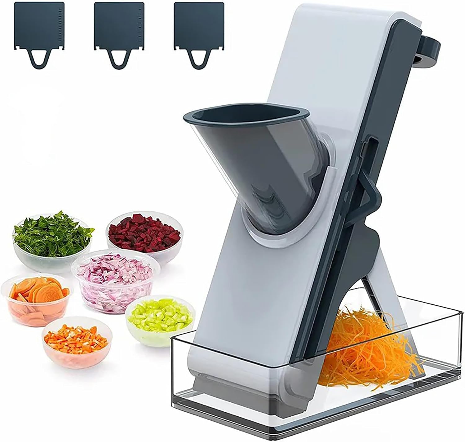 Safe Mandoline Slicer for Kitchen，Vegetable Chopper with Container and Lid，Adjustable Mandoline Slicer，4in1 Vegetable Chopper,Arrot 、Banana、Apple、Lemon、Fries slicer (Grey Blue)