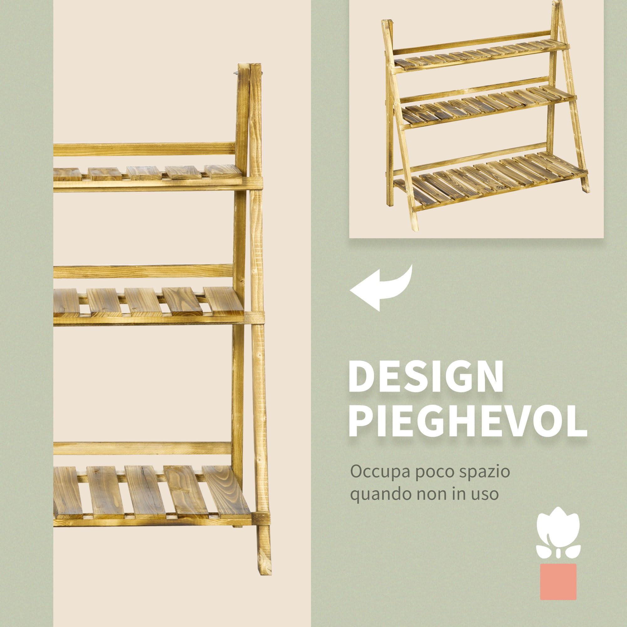 Outsunny Portapiante Pieghevole da Esterno in Abete 3 Livelli 100x37x93cm | Portavasi, Scaffale per Piante, Portafiori, Legno