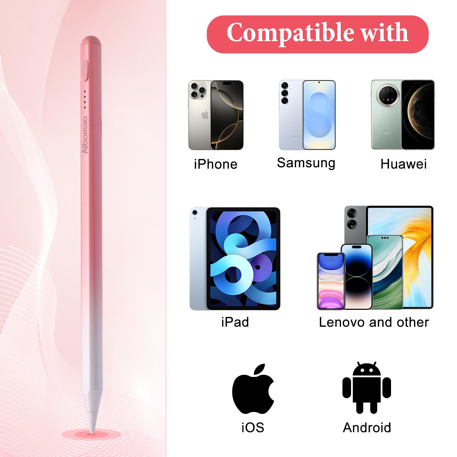 Creative Stylus Pen para pantallas táctiles - Batería de larga duración, compatibilidad universal para iPhone/iPad/Samsung/Huawei/Lenovo y otras tabletas iOS/Android, para dibujar y escribir (rosa)