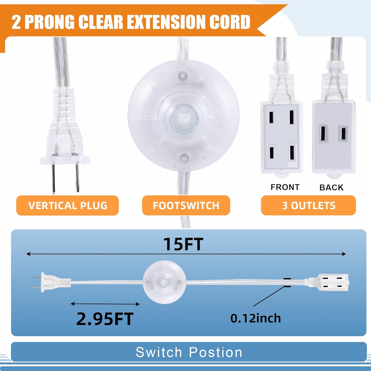 2 Pack Clear Extension Cord with Foot Switch 3 Outlet 15 FT Invisible Extension Cord 2 Prong Power Cable Male to Female, UL-Certified, 13A/125V, 2 x 16 AWG