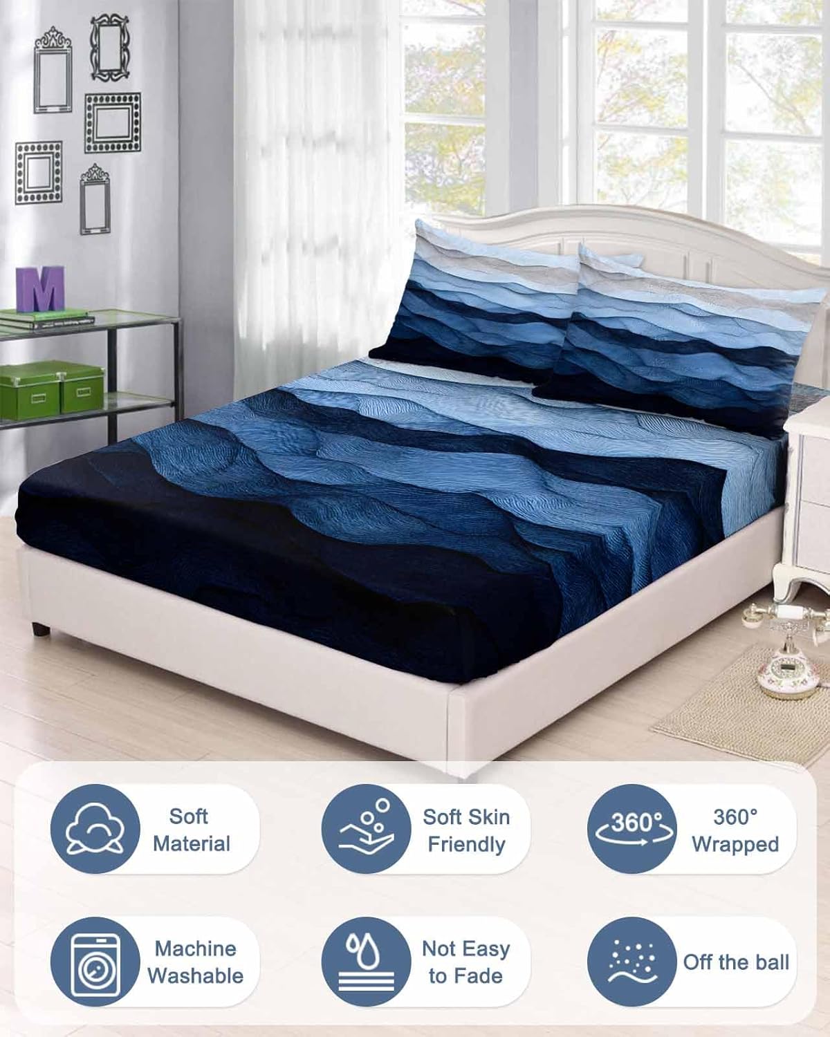 Twin XL Fitted Sheet Deep Pocket Bed Sheets with Elastic, Navy Blue Gradient Water Ripple Soft Brushed Microfiber Bed Sheet Set, Ocean Nautical Abstract Geometric Mattress Cover with 2 Pillowcase