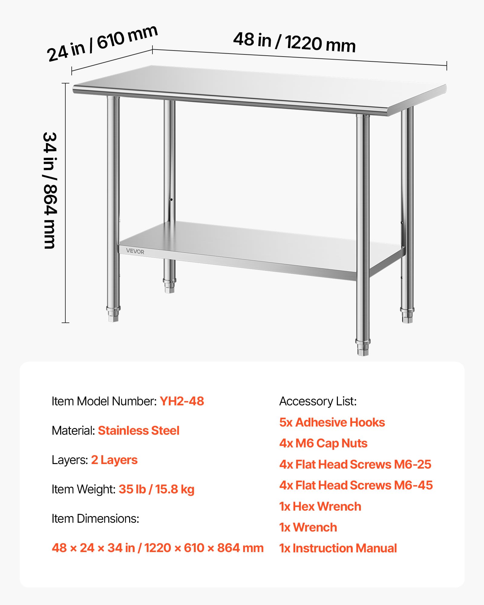 VEVOR Mesa de Preparación de 2 Niveles 122 x 61 x 86,4 cm, Mesa de Trabajo de Acero Inoxidable, con Estante Inferior Ajustable, Bordes Redondeados, para Restaurantes, Hoteles, Cocinas, Garajes