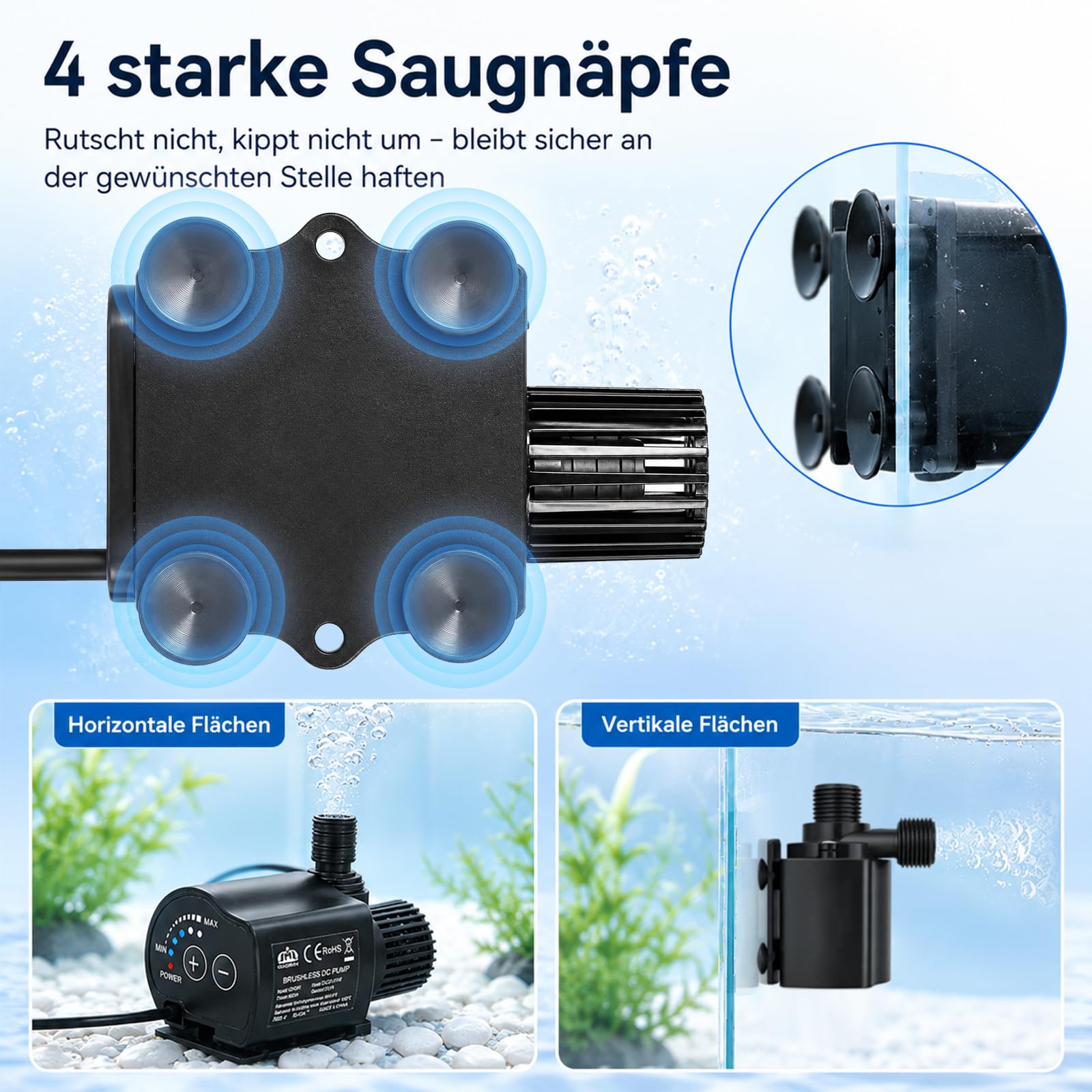 Pompa dell'acqua da 12 V, 800 l/h, 15 W, mini pompa sommergibile con cavo da 1,5 m e flusso regolabile a 5 livelli, altezza di erogazione 4,5 m, silenziosa in acciaio inox, per acquari, fontane