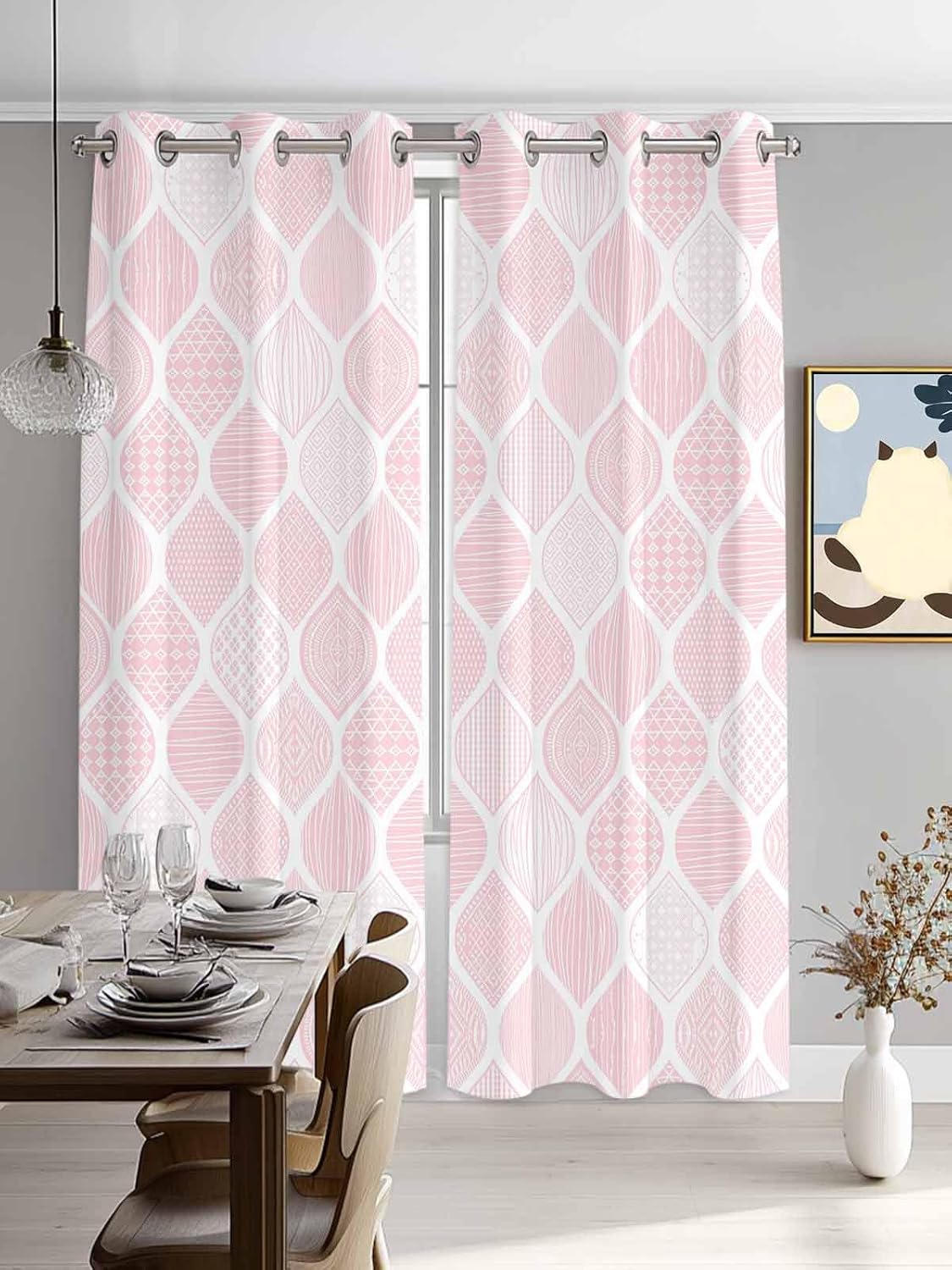 Grommet Top Window Curtains, Geometric Pink Texture Durable Light Blocking Windows Drapes for Kitchen/Bedroom/Living Room, Window Treatments Curtain Set of 2 Panels 42x84 in