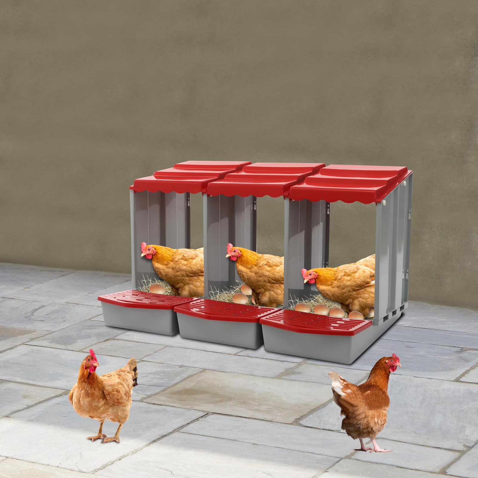 Nido per polli a 3 camere, nido per polli a parete, nido di galline in plastica con fondo inclinato, rosso