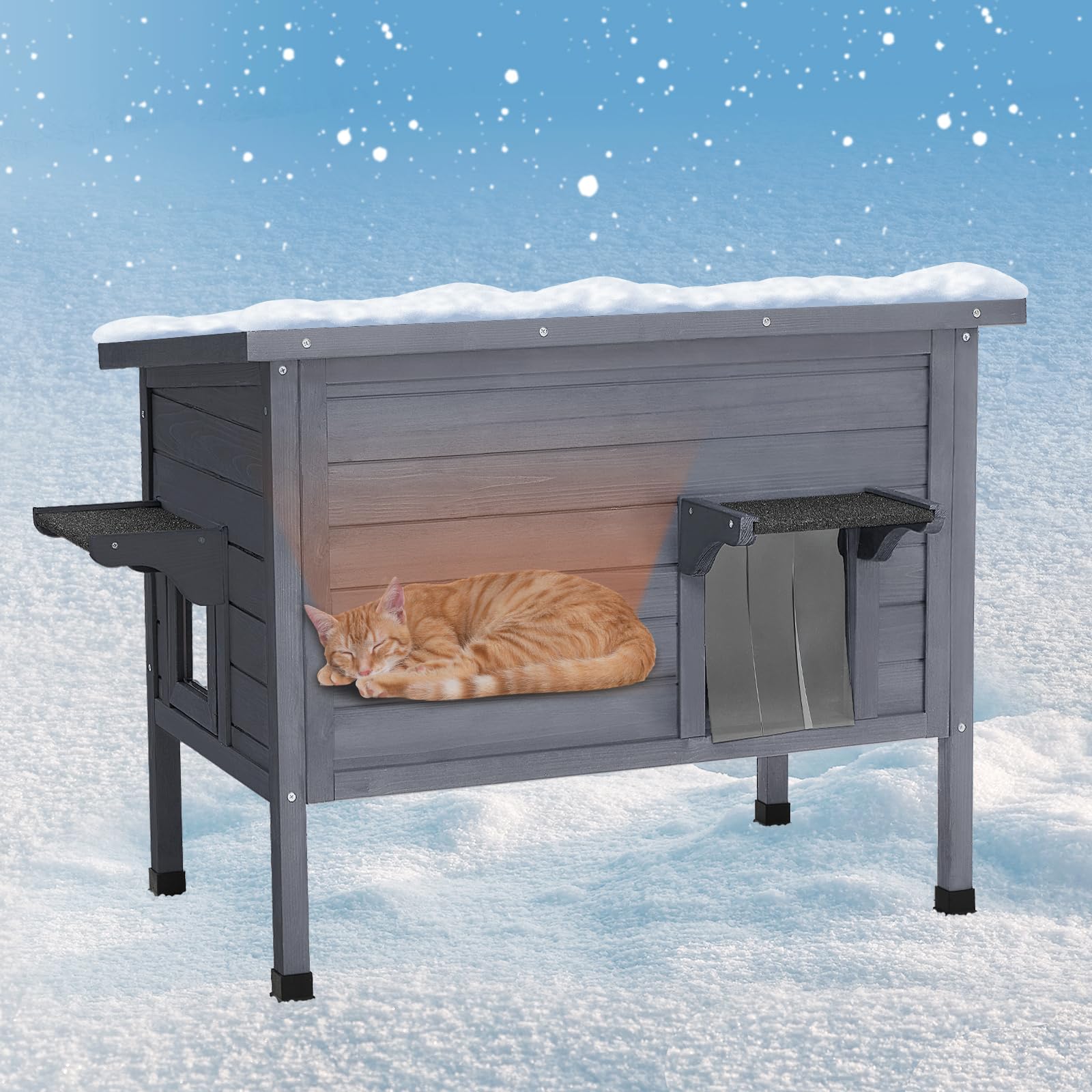 Ciokea Outdoor Cat House Insulated with Escape Door - Weatherproof Large Feral Cat Shelter, Gray
