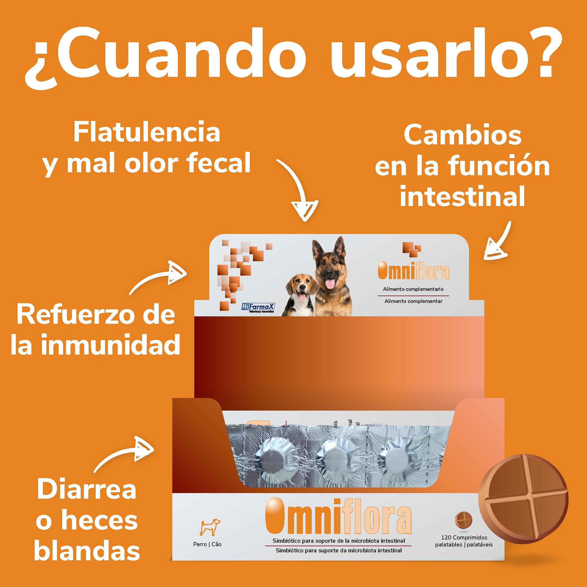Omniflora Hifarmax - Prebiótico y Probiótico para Perros | Suplemento Digestivo con Probióticos para Perros | Apoyo Gastrointestinal | Complemento Alimenticio para la Flora Intestinal, 120 Comprimidos