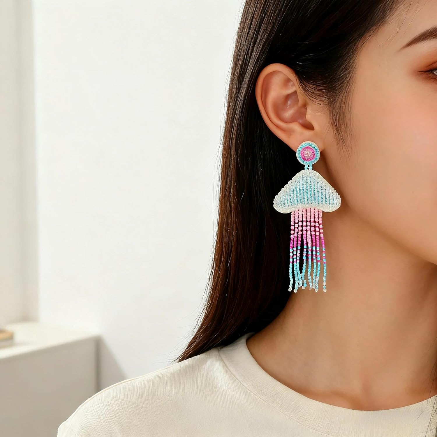 Handmade Beaded Jellyfish Tassel Earrings for Women, Bohemian Ocean Theme Jellyfish Dangle Earring for Summer Festival Party Jewelry - Image 5