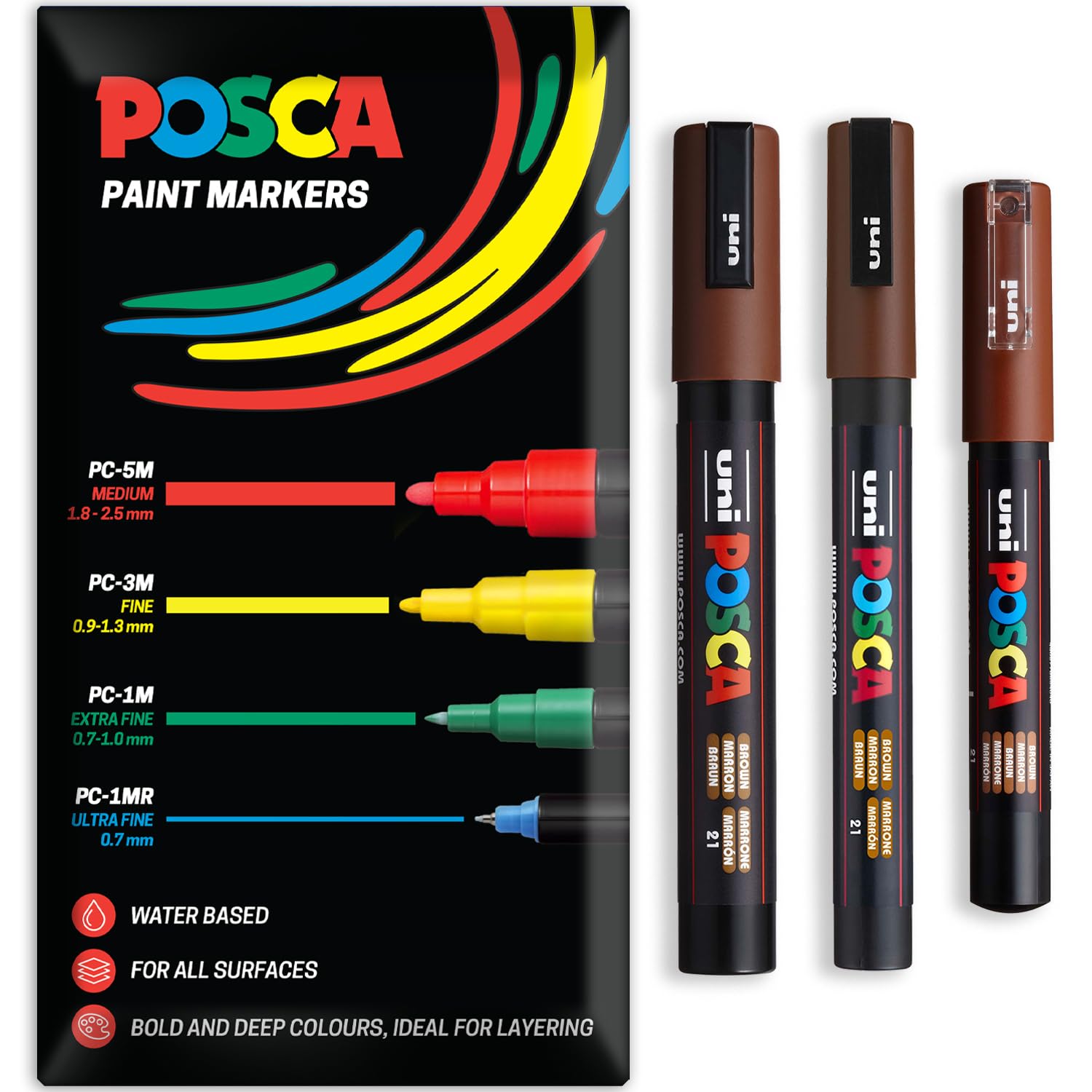 Posca Rotuladores de pintura acrílica a base de agua | Bolígrafo de pintura permanente multisuperficie | Paquete de 3 bolígrafos en embalaje de regalo | Tela de vidrio, lona, madera, etc. | PC-1M, PC