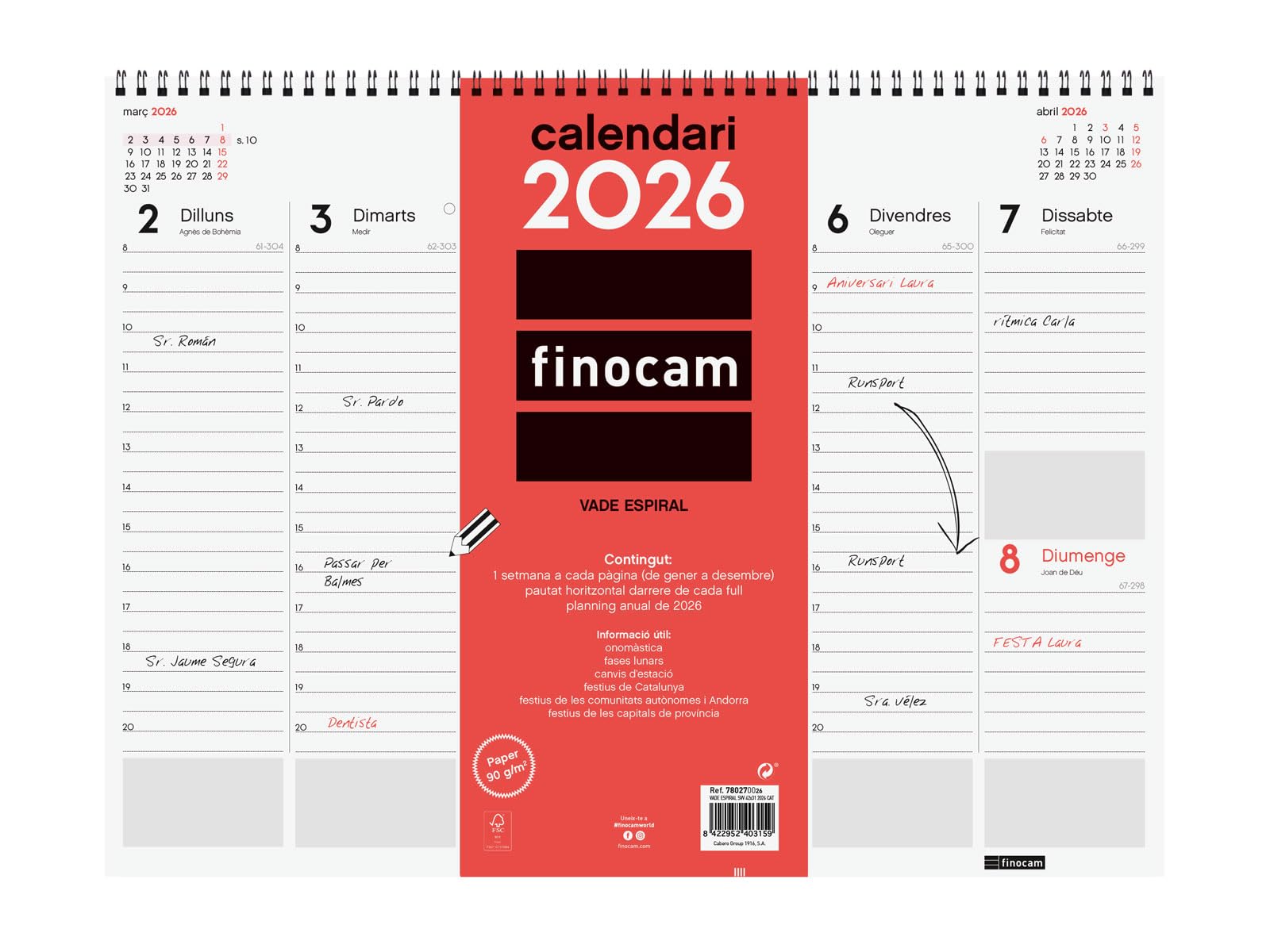 Finocam - Vade Espiral Week View 2026 Week Vertical View January 2026 - December 2026 (12 months) Neutral Catalan
