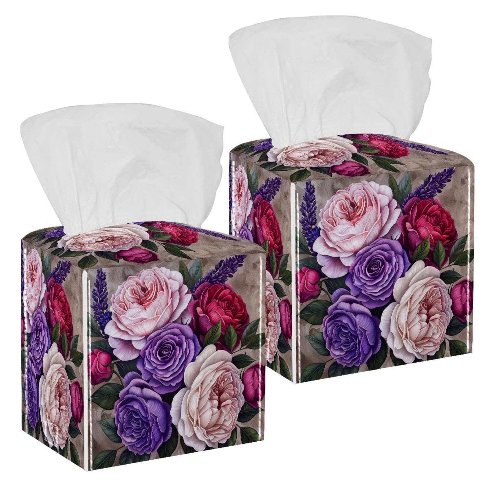 Roses Lavender Peony Tissue Box Cover, 2 Pack PU Leather Square Facial Tissue Dispenser Box holder for Home Office Car
