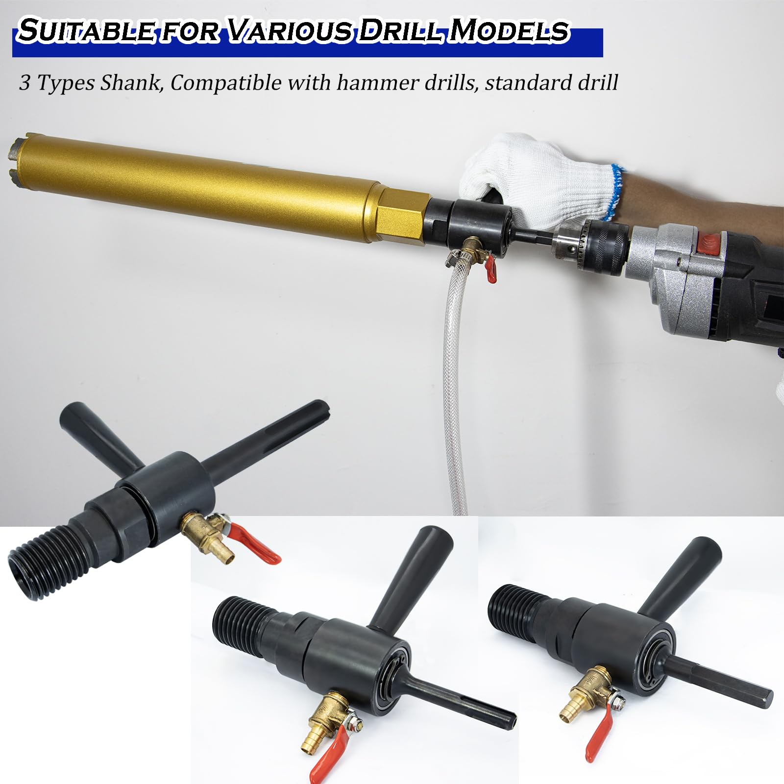 Adaptador de taladro de núcleo abor SDS Plus de 1 1/10.2 cm-7 macho a SDS Plus, capacidad de inyección de agua, incluye conector rápido de manguera de latón macizo y manguera, compatible con