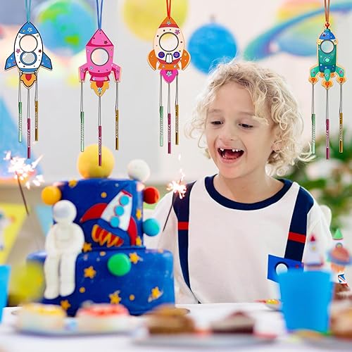 Miniatura 4 de Paquete de 12 carillones de viento para niños, haz tus propios cohetes, campanillas de viento, manualidades, manualidades de madera para niñas,