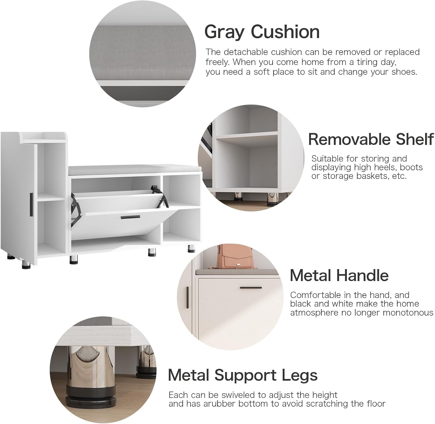 Maupvit white shoe storage bench with flip drawer and adjustable metal feet