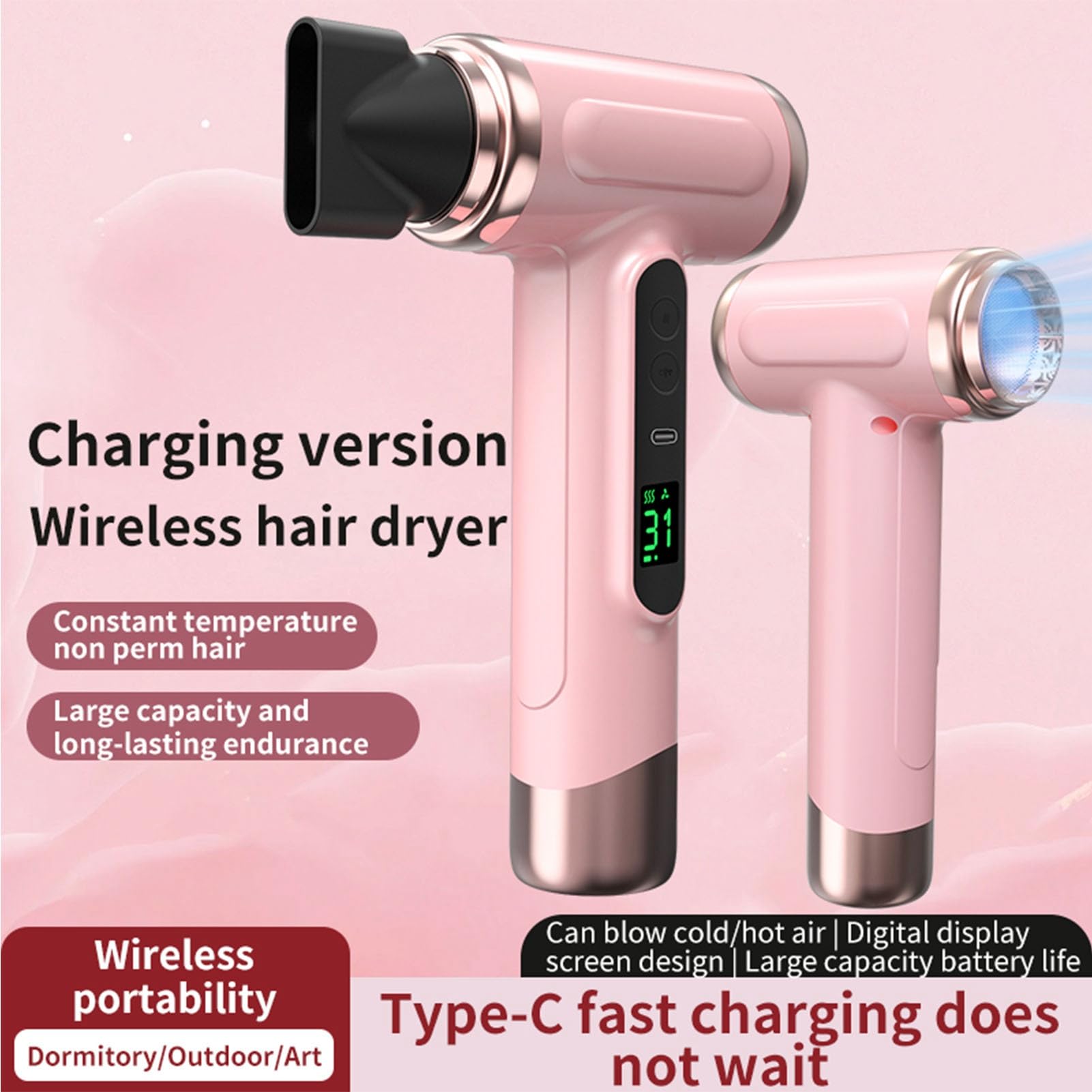 Asciugacapelli, Asciugacapelli Portatile da 15600 MAh, Ricaricabile Tramite USB, Asciugacapelli da Viaggio con Concentratore, Funzioni Turbo di Calore e Colpo Freddo, Caldo
