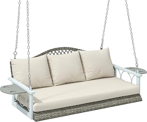 Outsunny Silla columpio de mimbre para 3 personas, resistente, 800 libras con soporte para tazas, 57 pulgadas, ratán al aire libre, banco colgante