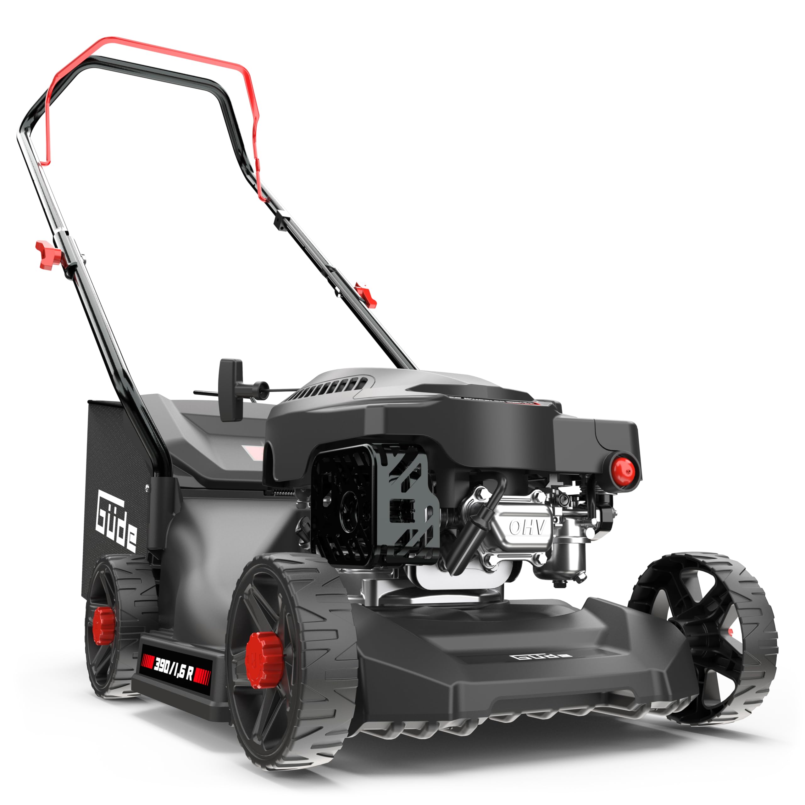 Güde Rasenmäher ECO Wheeler 390 1,6 R (4-Takt Benzinmotor 1,6/2 (kW/PS), Schnittbreite 390 mm, Fangeinrichtung 35 l, 3-fache Schnitthöhenverstellung 30-66 mm, Mähen, Sammeln, Heckauswurf)