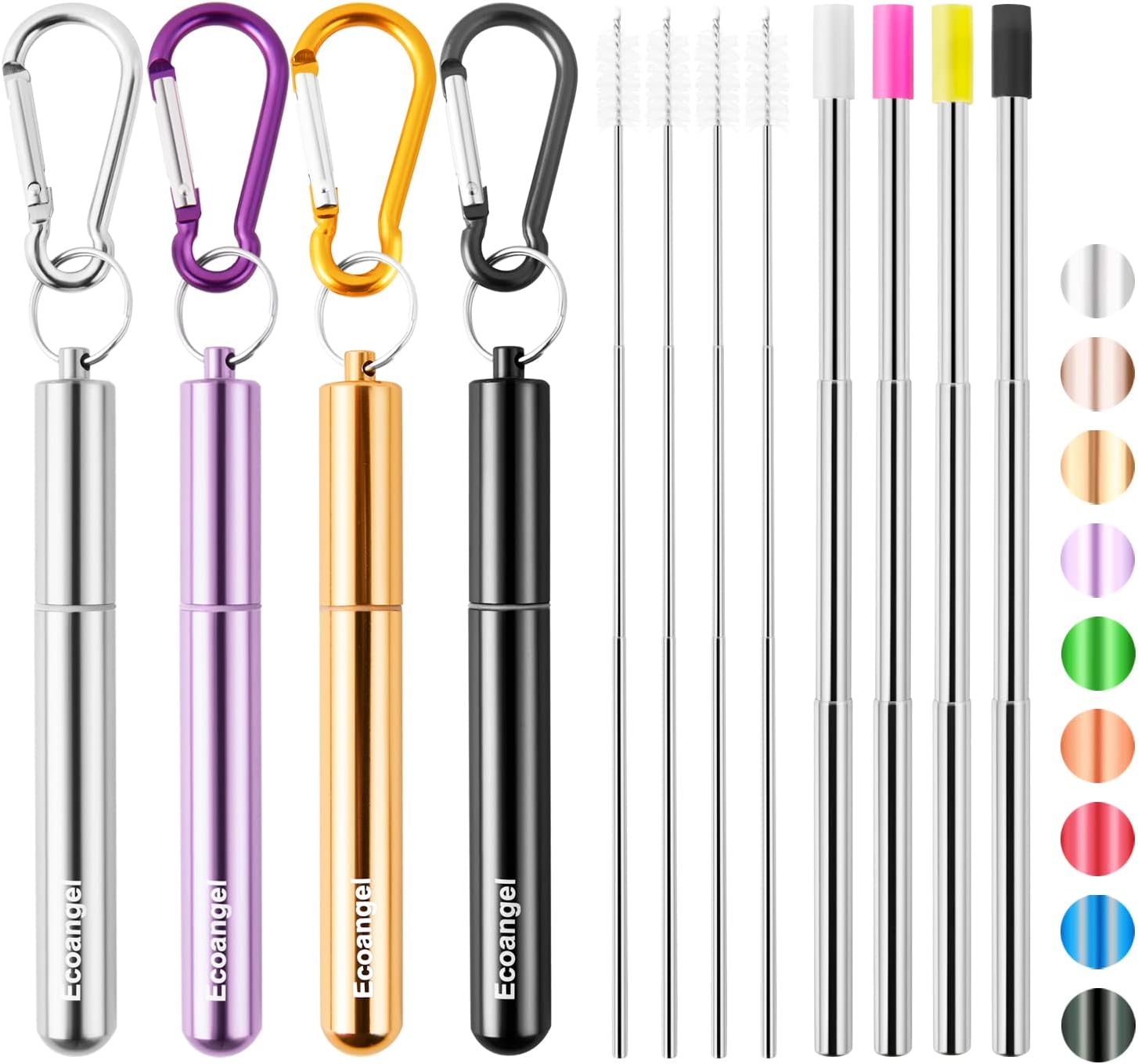 Cruise Ship Essentials,4-Pack reusable Collapsible Stainless Steel Drinking Straws with Aluminum Case,Cleaning Brush,and Keychains （Black & silver & purple & gold）