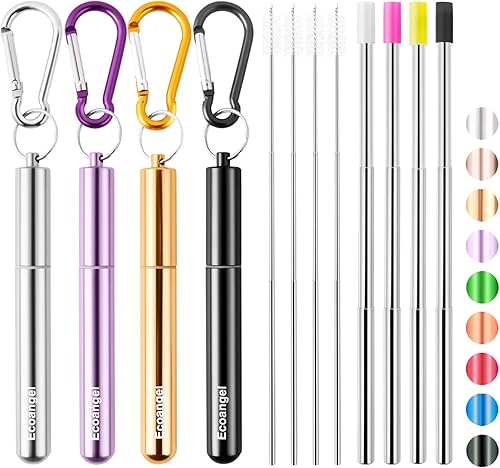 Miniatura 9 de Cruise Ship Essentials, paquete de 4 popotes plegables reutilizables de acero inoxidable con estuche de aluminio, cepillo de limpieza y llaveros