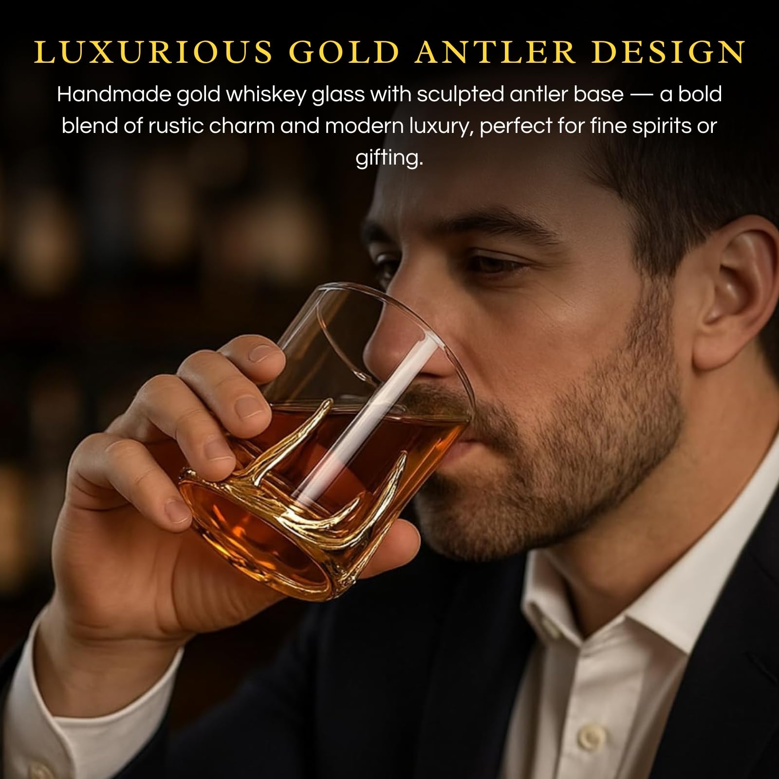 Verre à whisky double en bois doré à l'ancienne, 355,7 g, gobelet DOF avec base décorative, verrerie lourde pour bourbon, cocktails, bar rustique, décoration occidentale, cadeau unique pour lui ou