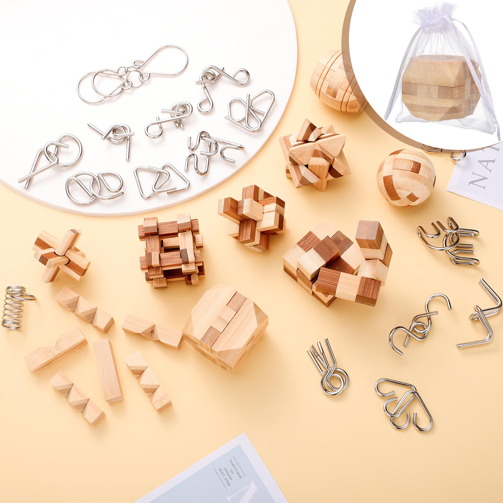 Auroray 25 Pcs Wooden & Metal Brain Teaser Puzzle Set, 3D Unlock
