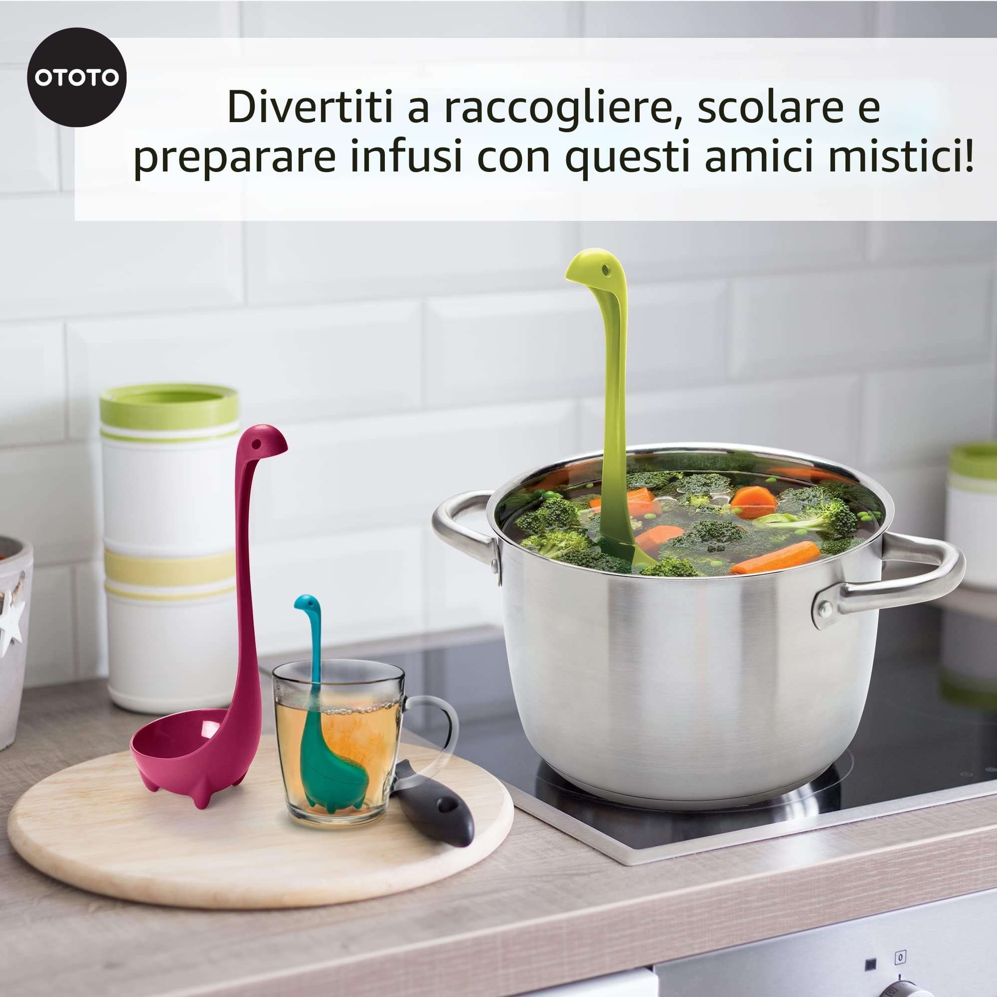 OTOTO Nessie Family - Mestolo Cucina Silicone, Lochness - Infusore per tè, mestolo per zuppa e colapasta, gadget da cucina divertenti, regali da cucina