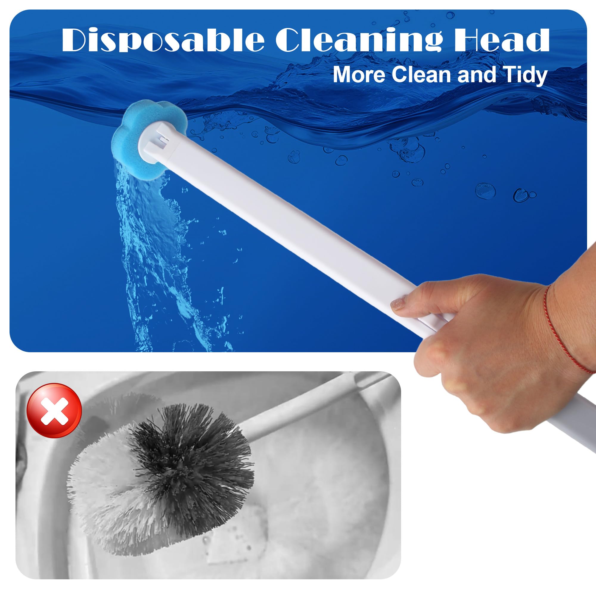 Scopino per WC usa e getta, set da 2 con manico allungato e supporto, scopini per WC, scopino per WC usa e getta con 48 ricariche detergenti per lavandino, vasca da bagno, lavandino.
