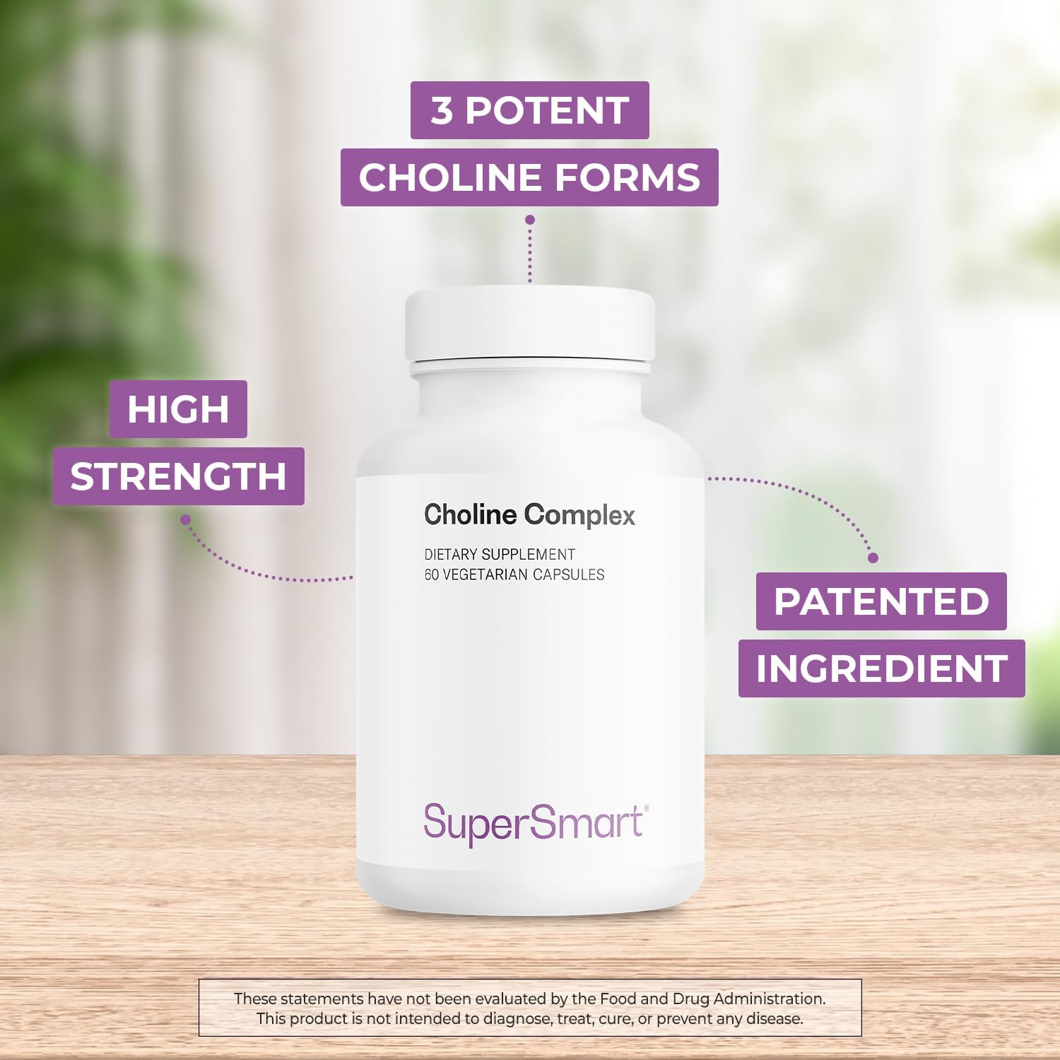Supersmart - Choline Complex (Patented & High Strength) - with Choline Bitartrate, GPC Choline & CDP Choline - High Potency Choline Supplements | Non-GMO & Gluten Free - 60 Vegetarian Capsules