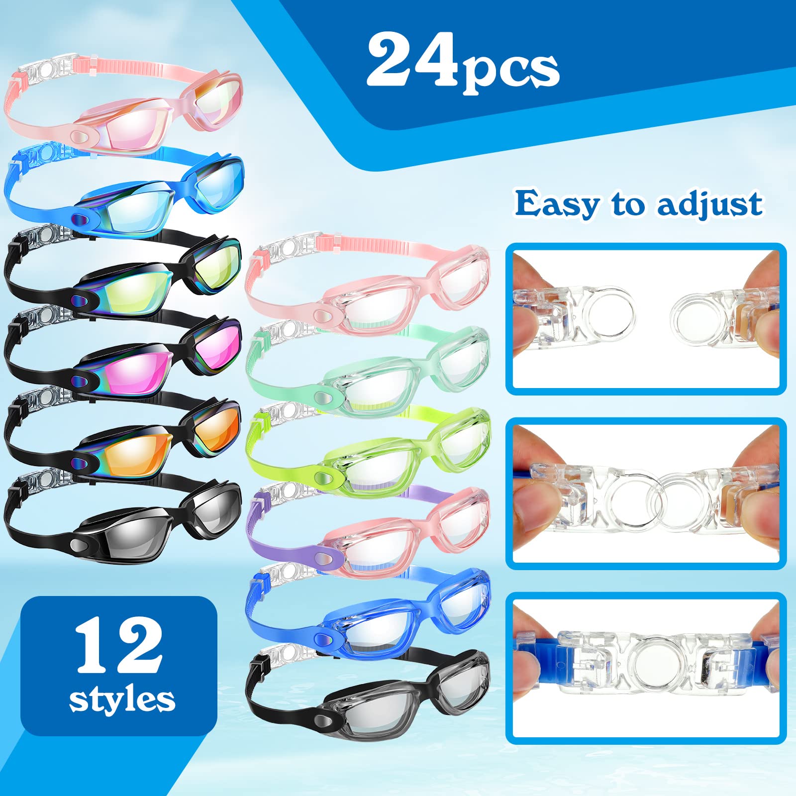 Konohan Paquete de 24 gafas de natación a granel para niños y adultos, gafas de piscina de silicona antivaho, sin fugas, para hombres, mujeres y jóvenes