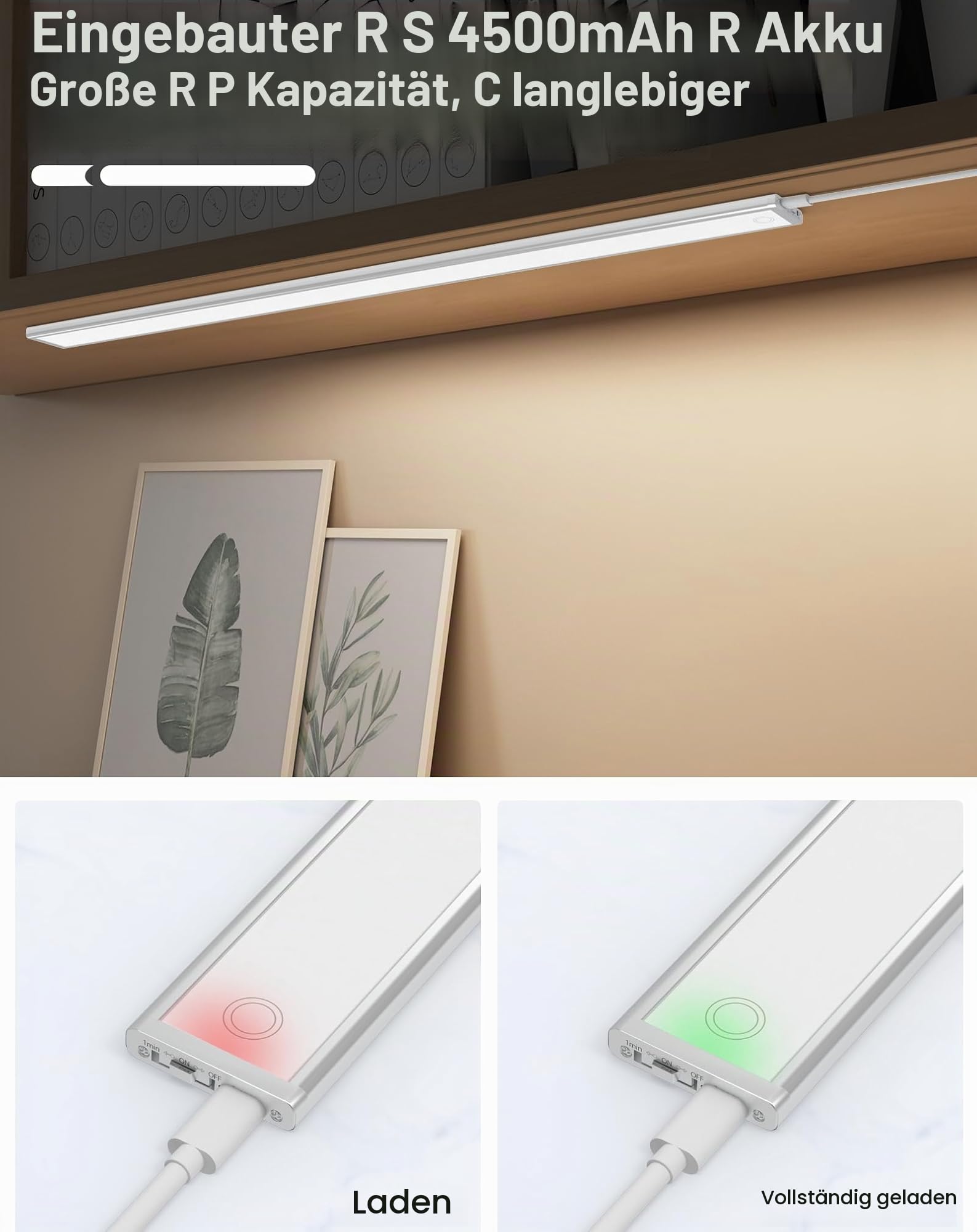 LED dimmbar Unterbauleuchte 58CM Küche Lampe 4500mAh wiederaufladbar Akku Schrankbeleuchtung mit Touchsensor Timer 3Farben led leiste magnetische Lichtleiste für Küchenschrank Kleiderschrank