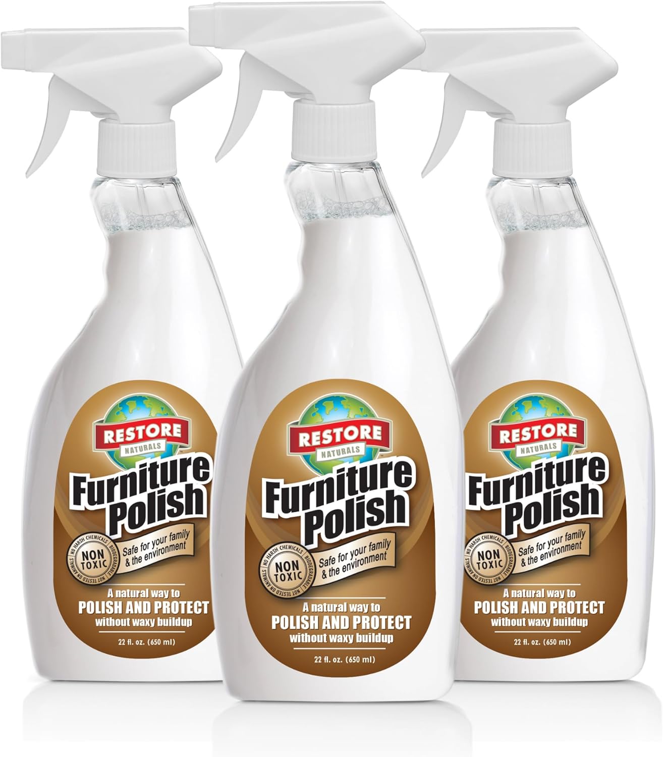 Restore Naturals Wood Furniture Polish Spray - 22oz Bottle - Great for Stainless Steel Polish, Finished Wood, Metal, Vinyl, Plastic, and Laminated Surfaces - Plant Based | Eco Friendly - 3 Pack